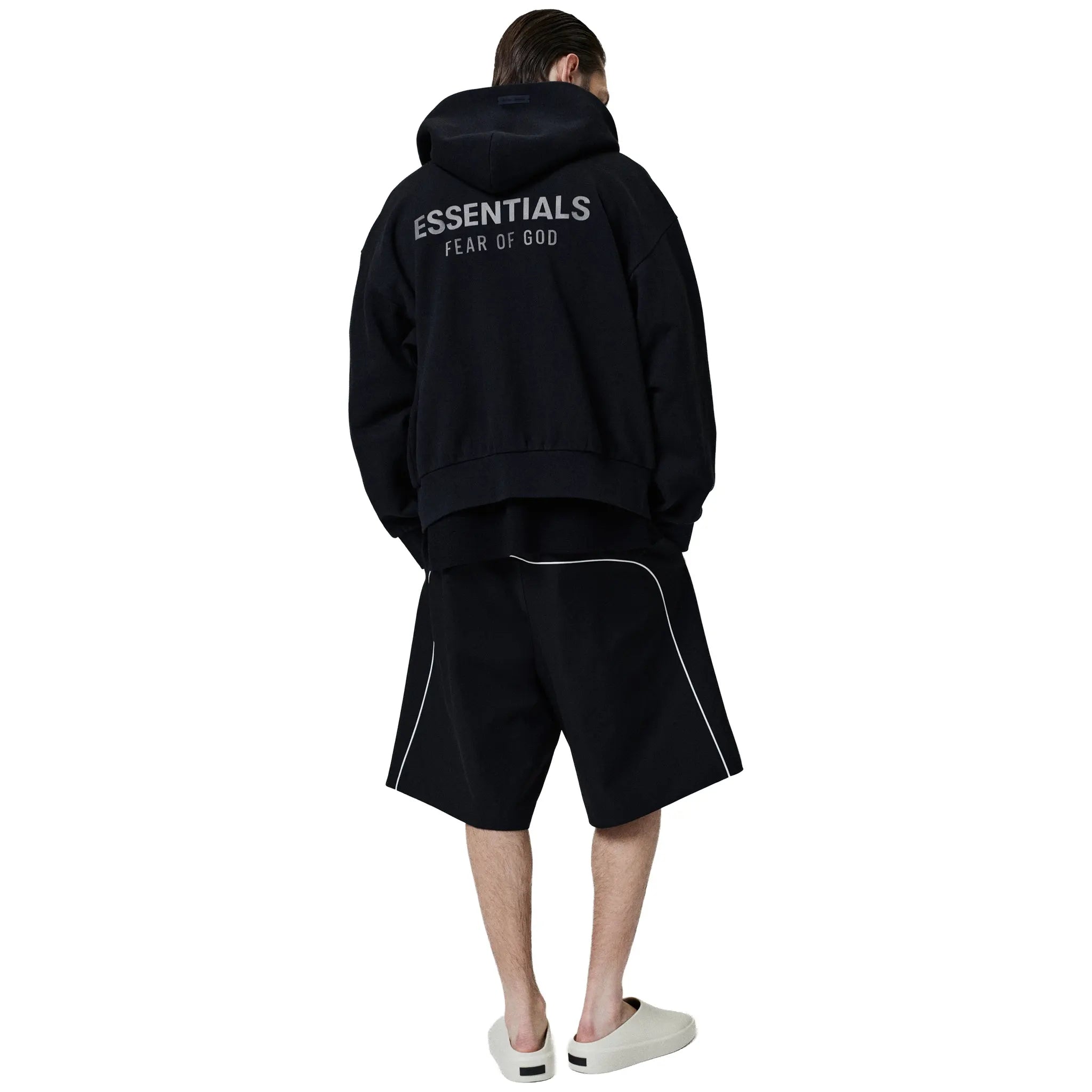Back View of Fear Of God Essentials Classic Fleece Jet Black Metalic Zip-Up Hoodie (SS25) 192SP254780F
